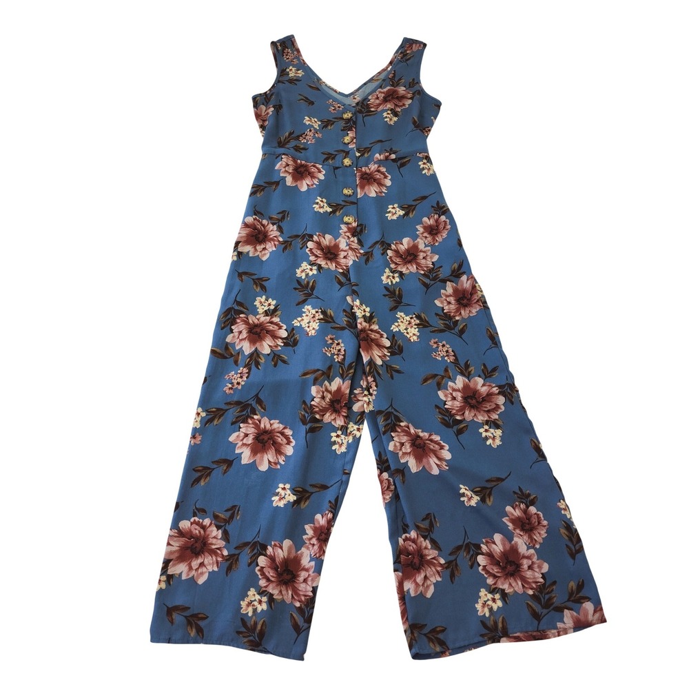 Xhilaration Blue Floral Wide Leg Jumpsuit‎ Sleeveless Button Front Size S